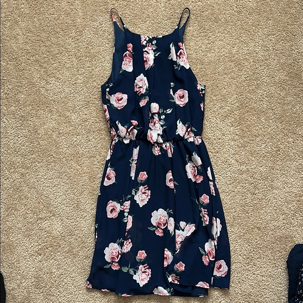 Floral Navy Dress with Pink Roses